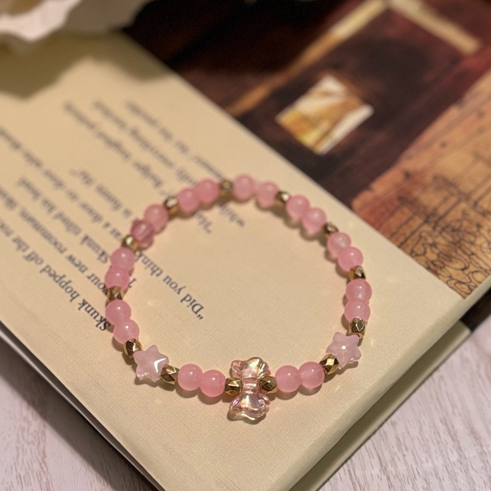 2/15 Handmade Pink Bow and Stars Charm Glass Bead Bracelet